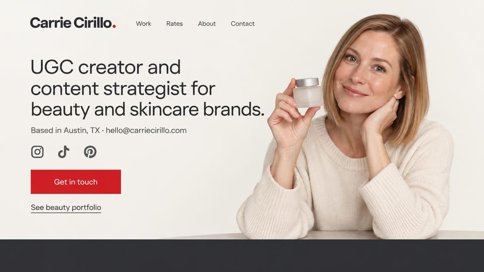 UGC portfolio website design, beauty creator and content strategist: light gray page, dark sans headline, red button, a woman holding a small skincare jar near her cheek