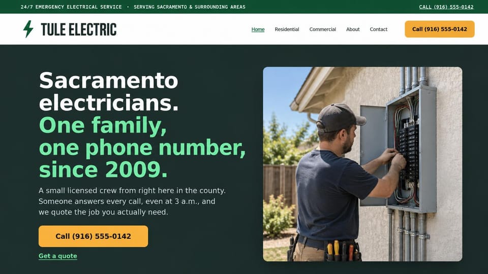 Electrician website design, family electrician on call around the clock: green emergency bar, white header, a dark forest green hero with a white and mint headline, a yellow call button, an electrician working at an outdoor panel on a stucco wall