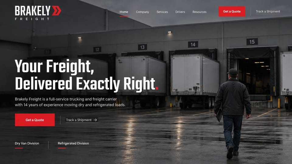 Logistics website design, dry van and reefer carrier on a rainy dock: dark gray rainy photo of a man walking past trailers backed into numbered docks, condensed white headline, red quote button, division links