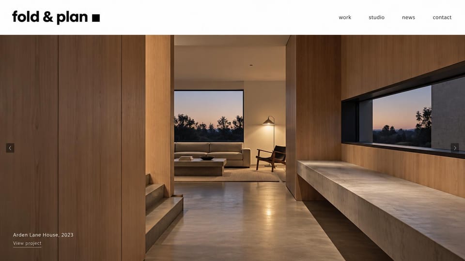 Architecture website design, houses shown from the inside: white header with a bold lowercase wordmark above a warm timber and concrete house interior with a long window at dusk