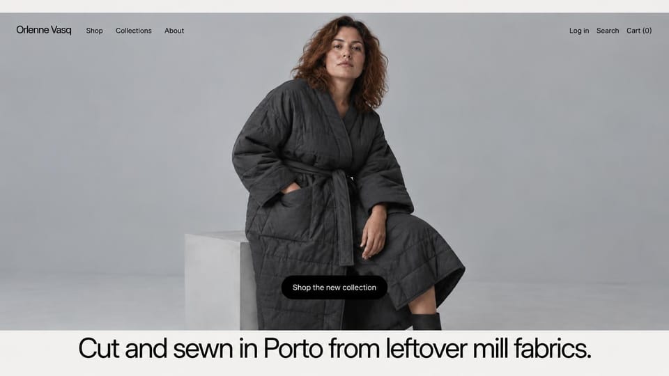 Fashion website design, leftover-fabric label with an oversized caption: light gray studio, a curly-haired woman in a long charcoal quilted coat on a concrete block, a thin sans menu, a black pill button and a huge black sans headline on white below