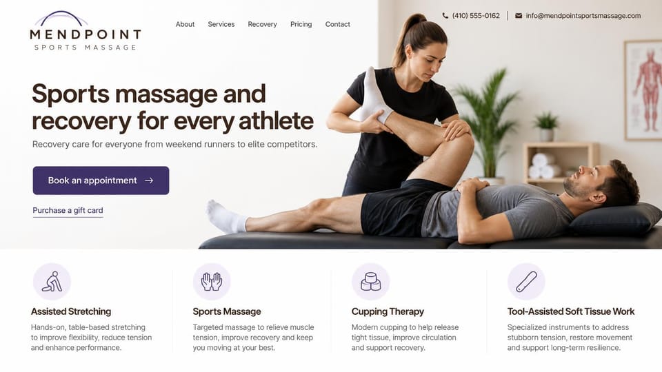Massage therapist website design, sports massage and recovery with a services row: white page, a dark brown headline, a purple booking button and a therapist stretching a man's leg, with four service cards below