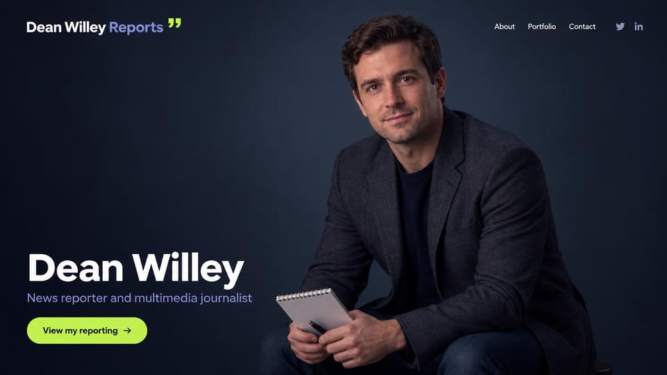 Writer website design, news reporter with a studio portrait: dark navy page, a large white name with a lavender subtitle, a man holding a notepad and a lime green button