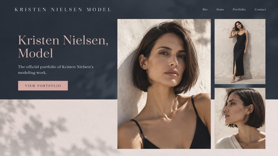 Model portfolio website design, fashion model with a two-tone backdrop and leaf shadows: slate blue band over a stone wall with leaf shadows, a dusty rose serif name, a pink outlined button and three photos of a woman with a dark bob in black