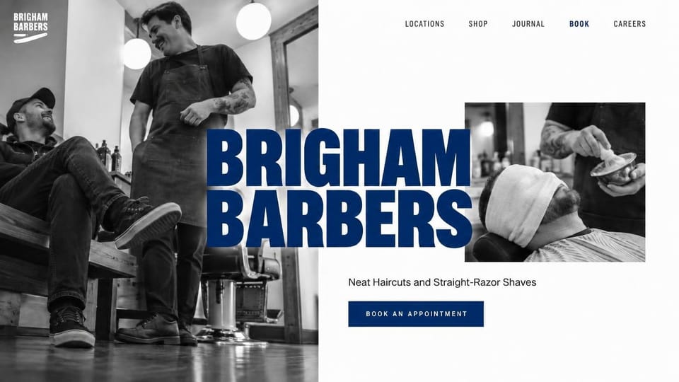 Barbershop website design, modern barbershop with an oversized blue name: white page, black and white photos of a barber laughing with a client and a hot-towel shave, a huge bold navy name across both and a navy book button