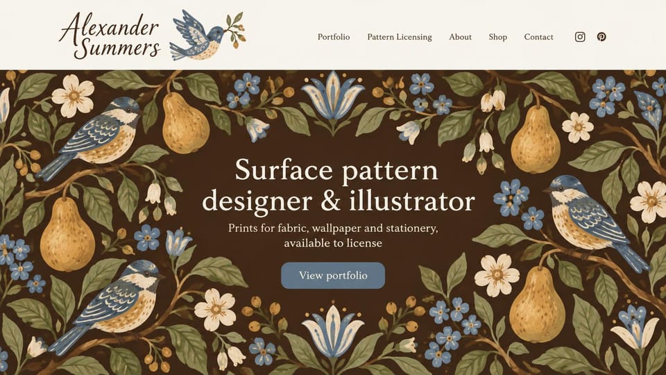 Graphic design portfolio website design, surface pattern designer on a full pattern: dark brown folk pattern of birds, pears and blue flowers filling the page, cream serif headline, slate blue button, cream header with a script logo