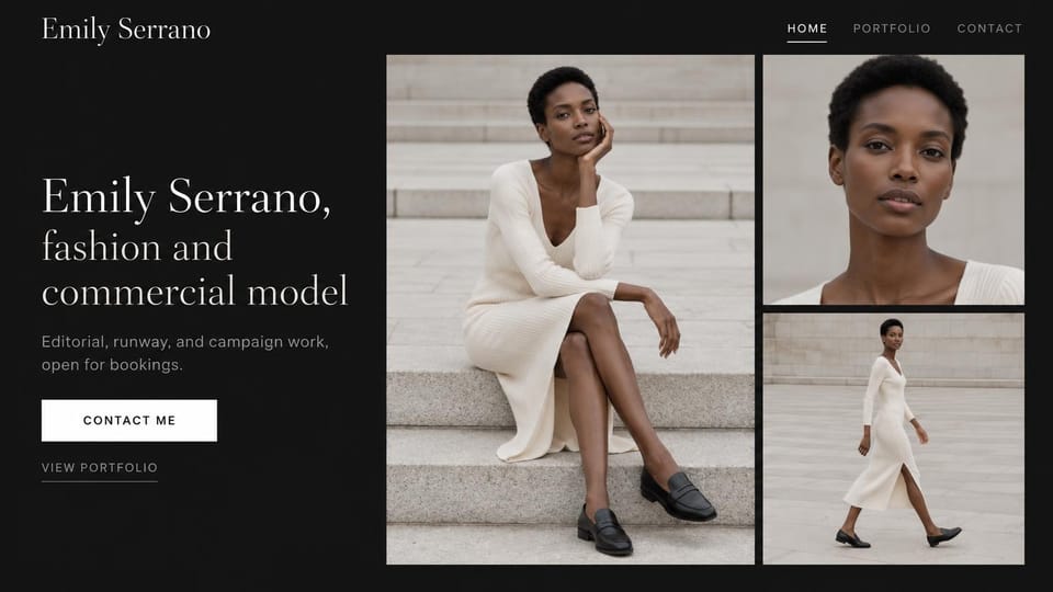 Model portfolio website design, fashion and runway model with a three-photo collage on black: near-black page, a white serif headline, a white contact button and three photos of a woman with short natural hair in a cream knit dress on stone steps