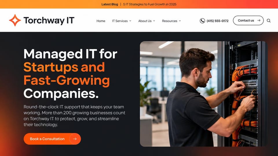 IT company website design, managed IT for startups in orange: orange top banner, white header, a charcoal hero with an orange glow, white and orange headline, orange consultation button, a technician wiring orange cables at a rack