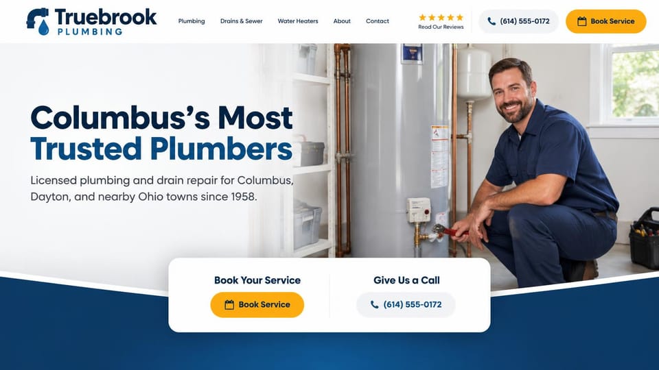 Plumbing website design, plumbing and drain repair with a floating booking card: white page, navy pipe and drop logo, review stars, a yellow book button, a bold navy and blue headline, a plumber kneeling at a water heater, a white booking and call card over a navy curve