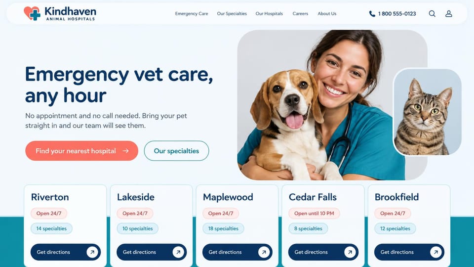Veterinary website design, emergency hospitals with a card for each location: pale blue page, a navy headline, a coral button, a rounded photo of a vet hugging a beagle with a cat inset, five location cards