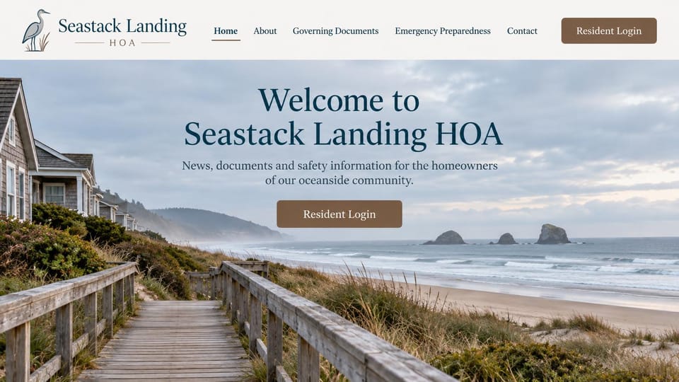 HOA website design, coastal HOA with safety information: cream header with a heron logo, a navy serif headline centered over a boardwalk to a misty beach and a brown login button