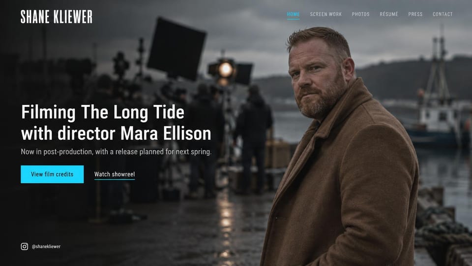 Actor website design, film actor with the latest shoot as the headline: dusky photo of a bearded man in a brown coat on a harbor film set with lights and crew, a white condensed headline, a cyan credits button and a showreel link