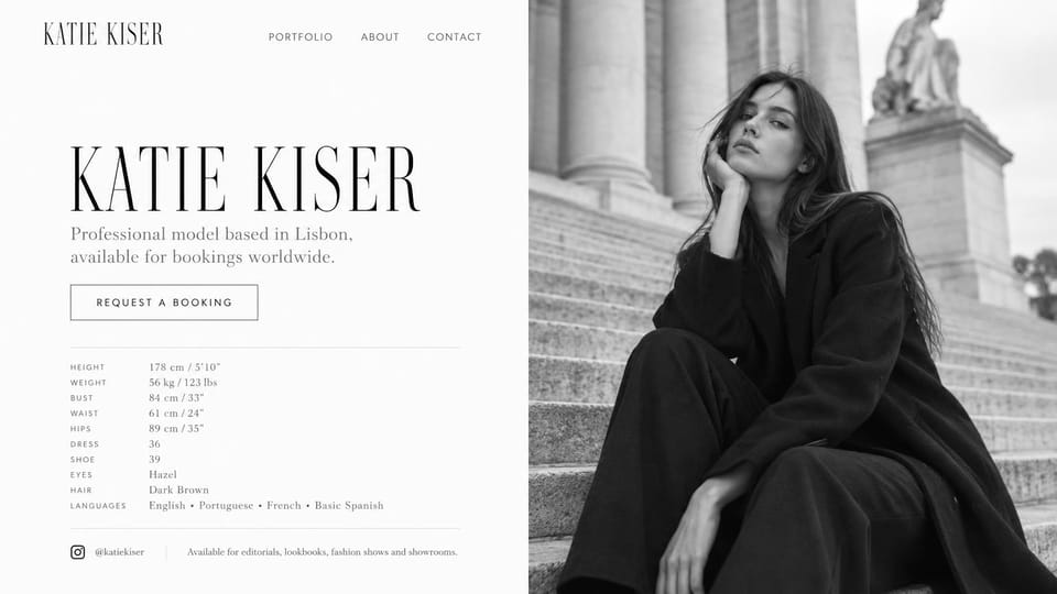 Model portfolio website design, fashion model with a black and white split screen: white page, tall black condensed capitals, an outlined booking button, a stats list and a black and white woman on stone steps