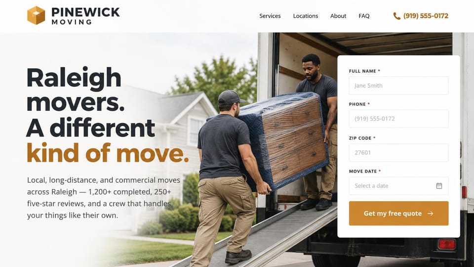 Moving company website design, local and commercial movers with a bold two-tone headline: white page, a heavy charcoal and gold headline, movers carrying a padded dresser up a truck ramp, a white quote form with a gold button