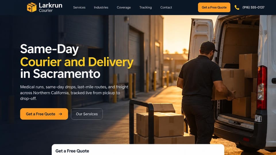 Logistics website design, same-day courier with the quote form tucked below: navy shading over a sunset photo of a courier loading boxes into a white van with a hand truck, white and yellow headline, orange buttons, a white quote form at the bottom edge