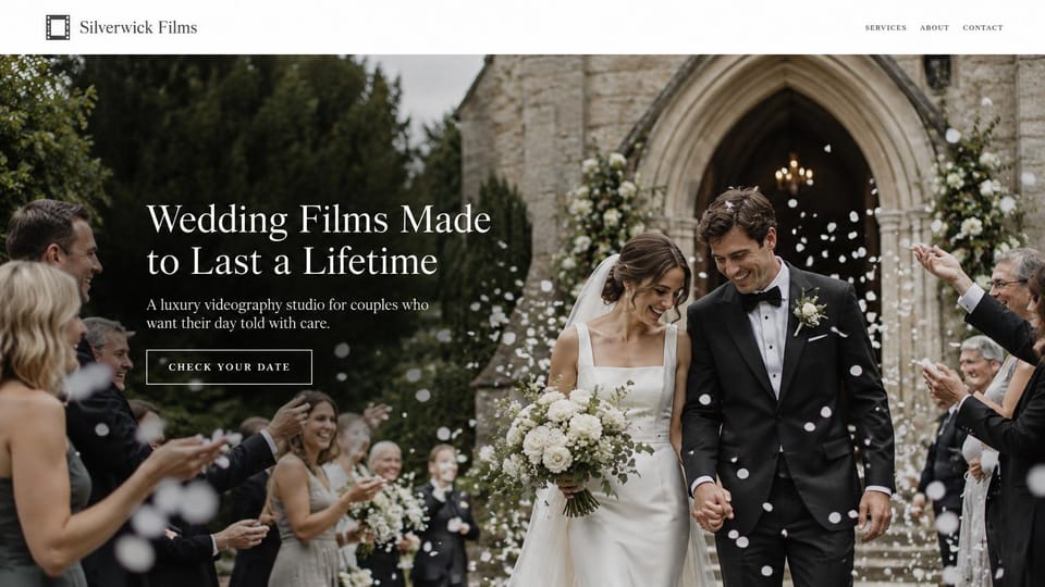 Wedding photographer website design, luxury wedding films outside a stone church: white header with a serif name, a couple leaving a stone church as guests toss white petals, a white serif headline and an outlined button
