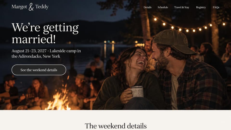 Wedding website design, camp weekend by the campfire: a couple laughing by a lakeside campfire at night, white headline at left, cream section below