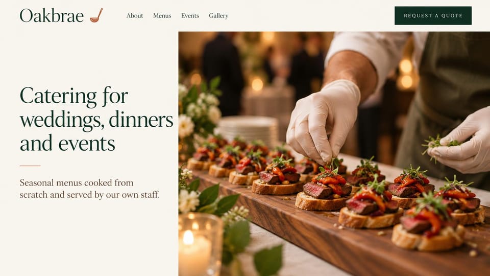Catering website design, scratch-made catering with gloved hands at work: cream left half with a dark green serif headline, a green quote button and gloved hands garnishing steak crostini on a wooden board