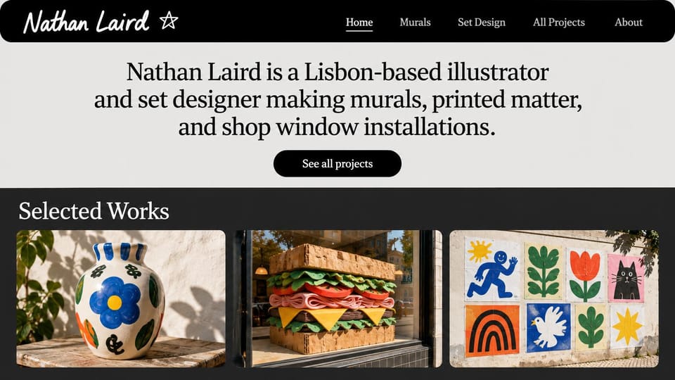 Graphic design portfolio website design, murals and set design with a black menu bar: black rounded menu bar, light gray intro with a black serif sentence and button, a dark band with photos of a painted vase, a window display and a poster wall