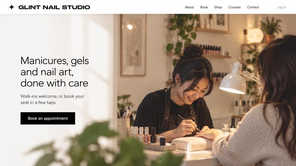 Nail salon website design, nail art studio with walk-ins and courses: white page, a bold wide logo, a photo of a smiling tech painting nail art in a plant-filled studio, a black button