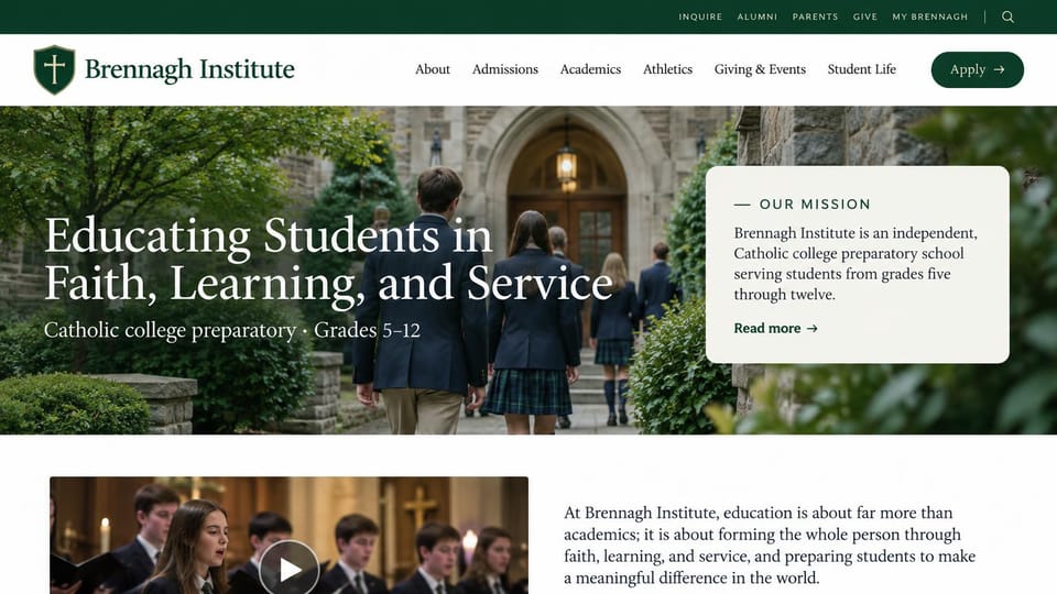 School website design, catholic college prep with a mission card on the photo: dark green bar, uniformed students walking to a Gothic stone arch, a white serif headline, a mission card and a choir video below