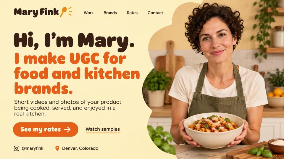 UGC portfolio website design, food UGC in sunny yellow: pale yellow page, chunky brown and orange headline, a woman in an apron holding up a bowl of pasta