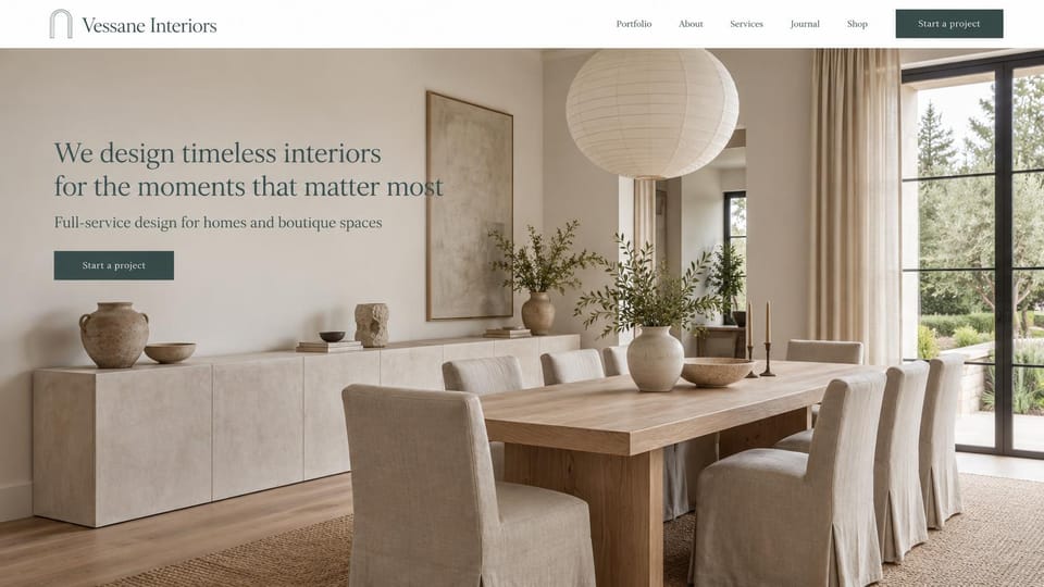 Interior design website design, homes and boutique spaces in soft linen tones: white header with an arch logo, a full-width dining room in warm white and oak with a paper lantern and linen chairs, a gray-green serif headline and a dark green button