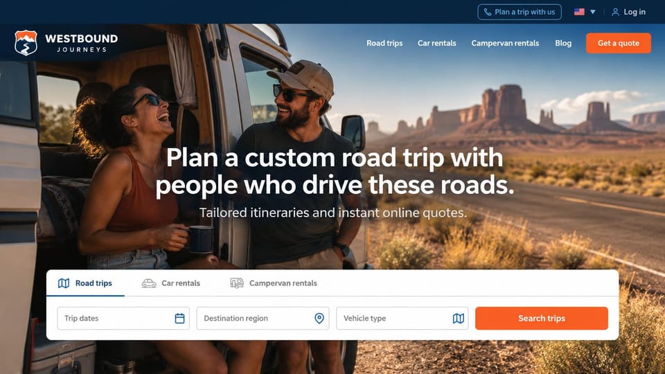 Travel agency website design, custom road trips with a trip planner in the hero: navy top bar, transparent header, photo of a couple laughing in a camper van door with desert buttes behind, centered white headline, white search panel with tabs and an orange button