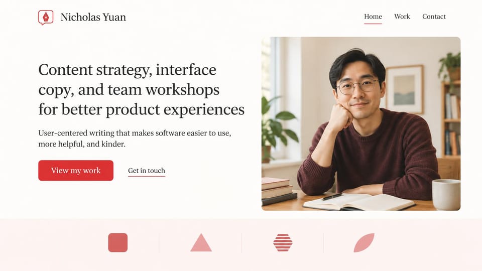 Writer website design, uX content strategist with team workshops: off-white page, a dark serif headline, a red button, a rounded portrait of a man in glasses and a pink band of abstract marks