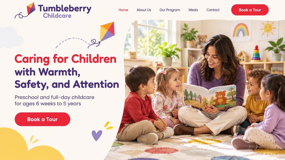 Daycare website design, full-day childcare and preschool with a story-time rug: cream page with a doodled kite, heart and cloud, a red and purple rounded headline and red pill button beside a teacher reading a picture book to five children on a dotted rug