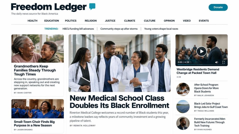 News and magazine website design, daily news for Black readers with a trending bar: white page, bold navy wordmark with a teal speech mark, teal donate button, capitals section menu, center photo of four medical students in white coats, a video panel and story list on the right
