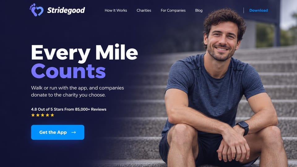 Mobile app website design, fitness app with a cause: navy overlay on a smiling runner sitting on steps, white and blue headline and a blue button