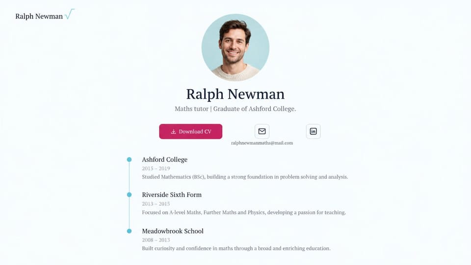 Personal website design, online CV with an education timeline: white page, a circular portrait above a serif name, a magenta download CV button and an education timeline