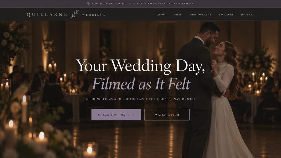Videographer website design, wedding films and photos with a booking-dates bar: plum announcement bar, a dark menu with a spaced serif logo, a couple dancing in a candlelit ballroom, a large white and lilac serif headline, a lilac date button and an outlined film button