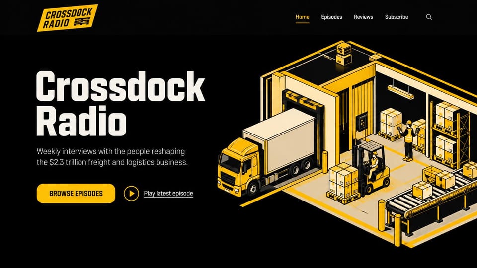 Podcast website design, industry show with an isometric drawing: black and yellow, an isometric warehouse with a truck and forklift and a yellow browse button