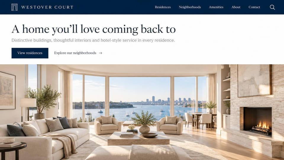Real estate website design, residential buildings with hotel-style service: navy header, a large serif headline on white above a bright living room with a harbor view