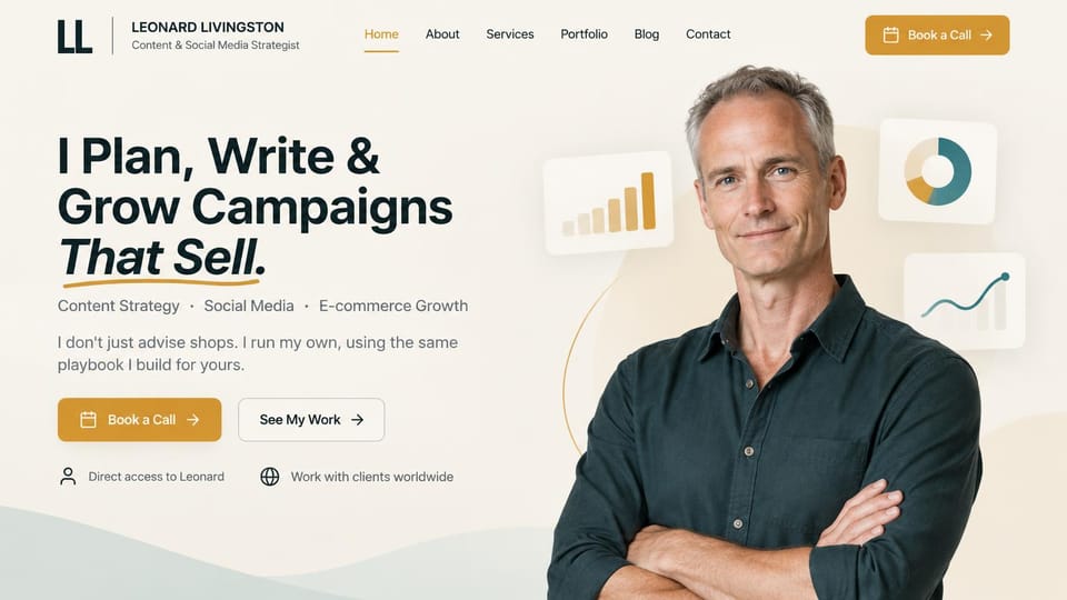 Marketing portfolio website design, content and social strategist with chart cards: cream page, a bold charcoal headline with a gold underline, a smiling man in a dark shirt beside chart cards