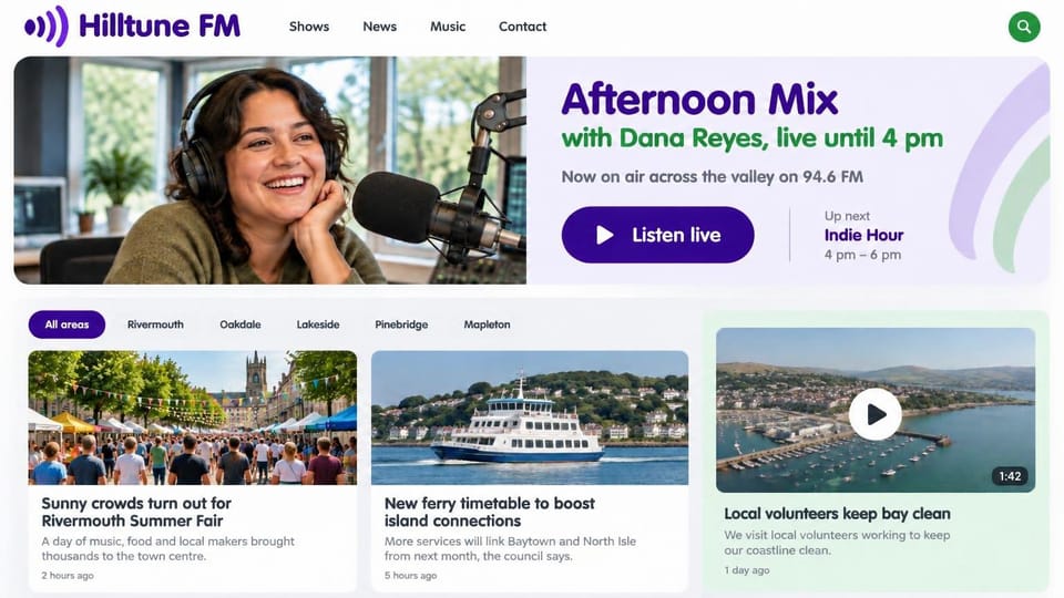 Radio station website design, regional radio with local news by town: white and lavender, a smiling host at a studio microphone beside a purple and green headline, town filter tabs and three news cards