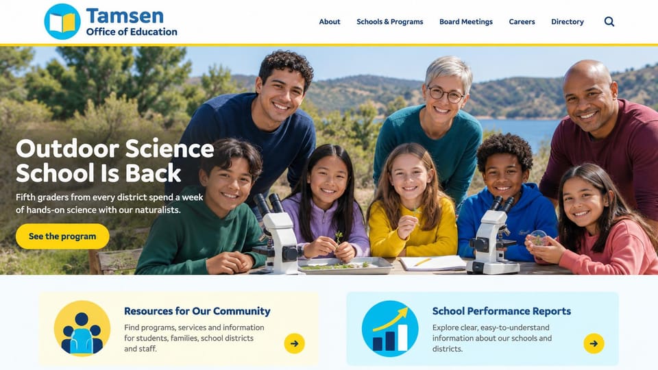 School website design, county education office with resource cards: white header with a yellow rule, children and three adults at microscopes by a lake, a yellow button and two pastel resource cards