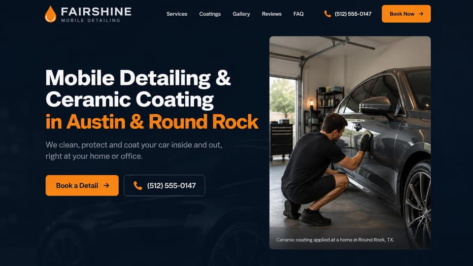 Car detailing website design, mobile detailing and coating with a captioned garage photo: navy page, a white headline with orange city names, an orange book button and an outlined phone button, a framed photo of a detailer coating a gray car in a home garage