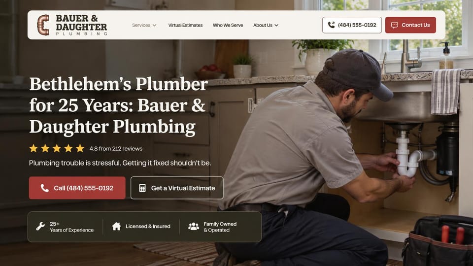 Plumbing website design, family plumber in warm kitchen tones: a warm dark photo of a plumber under a kitchen sink, a cream floating menu bar, a white serif headline, a brick red call button and an outlined estimate button
