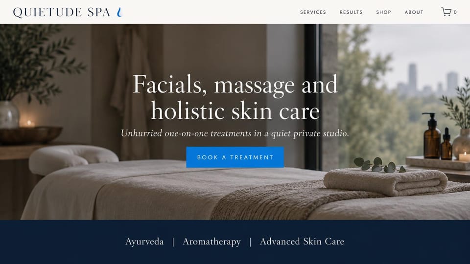 Salon website design, private spa with treatments along the bottom: a warm treatment room with a city view, centered white serif headline, a navy band of treatment names