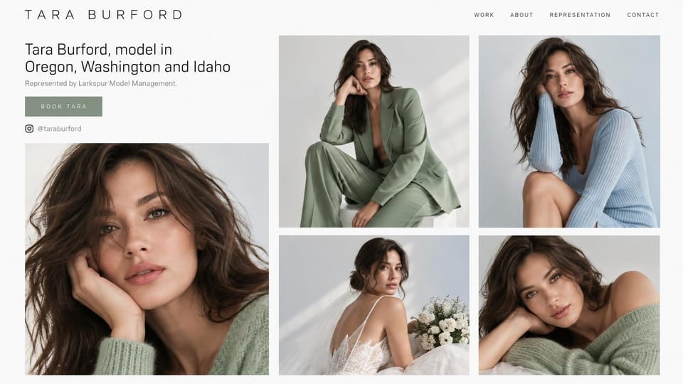 Model portfolio website design, fashion and bridal model with agency representation: white page, spaced black capitals, a sage booking button, a large close-up of a brunette and four photos in sage, pale blue and a bridal gown with a bouquet