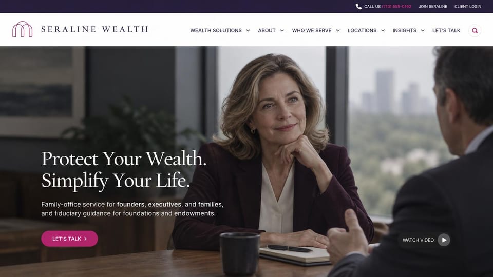 Financial advisor website design, family office for founders and executives, advisor in focus: purple top bar, white header, dark photo of a woman advisor listening, magenta pill button and a video link