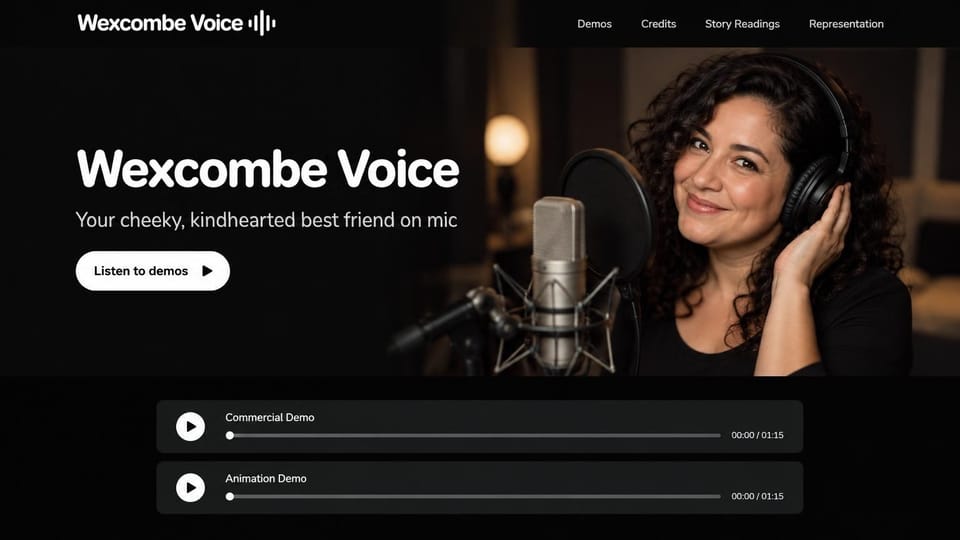 Actor website design, playful voice actor with headphones and inline demo players: black page, a large bold white rounded name with a soundwave logo, a white pill button with a play icon, a smiling curly-haired woman in headphones at a studio microphone, and two dark gray audio player bars