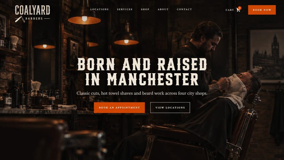 Salon website design, barbershop in bold slab type: dark brown and black, a barber shaving a client under hanging lamps, cream slab headline and orange button
