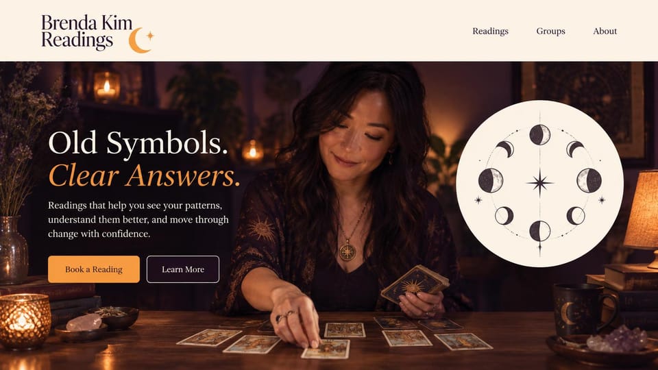 Astrology website design, tarot readings with a moon phase wheel: cream header over a candlelit photo of a reader laying out tarot cards, a white moon phase circle and an orange button