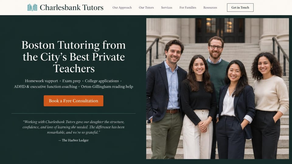Tutoring website design, city tutoring team on the front steps: dark green panel with a white centered serif headline, a line of services, an orange button, five tutors smiling on stone steps