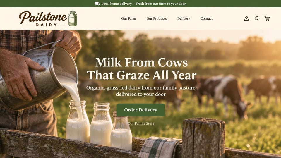 Farm website design, dairy with home milk delivery: cream header with a script logo, golden hour photo of milk poured from a pail into glass bottles with cows grazing behind, centered white serif headline, green button