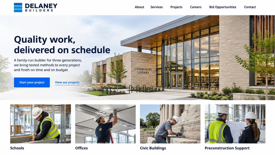 Construction website design, public building contractor with four service cards: white menu, a stone and glass library with a wood canopy, a navy headline and a blue button, four photo cards of crews at work